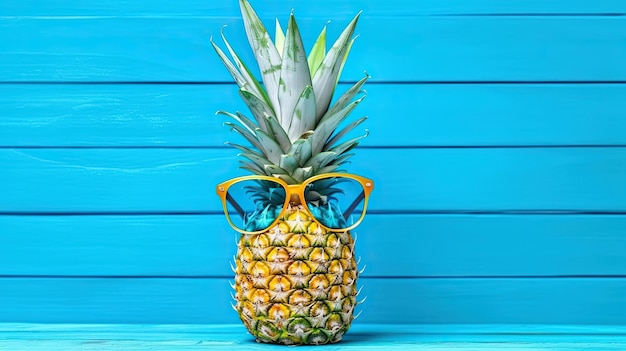 Ananas en lunettes de soleil sur fond de bois