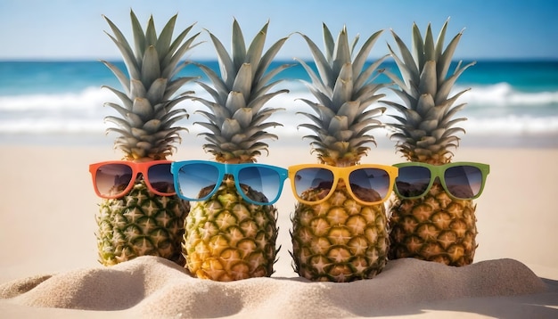 des ananas avec des lunettes de soleil sur une plage de sable avec un ciel clair en arrière-plan