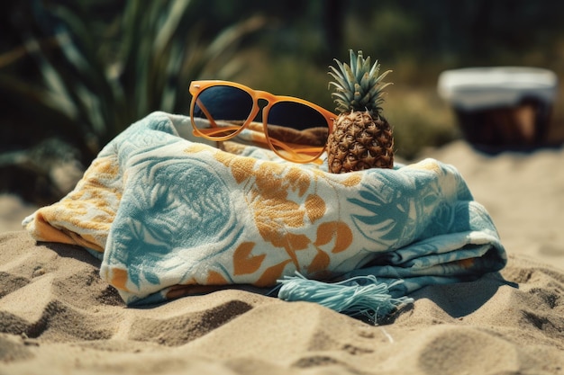 Photo un ananas et des lunettes de soleil sur une serviette sur une plage