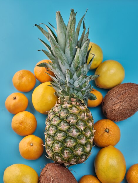 Ananas, mandarines et citrons sur un mur bleu