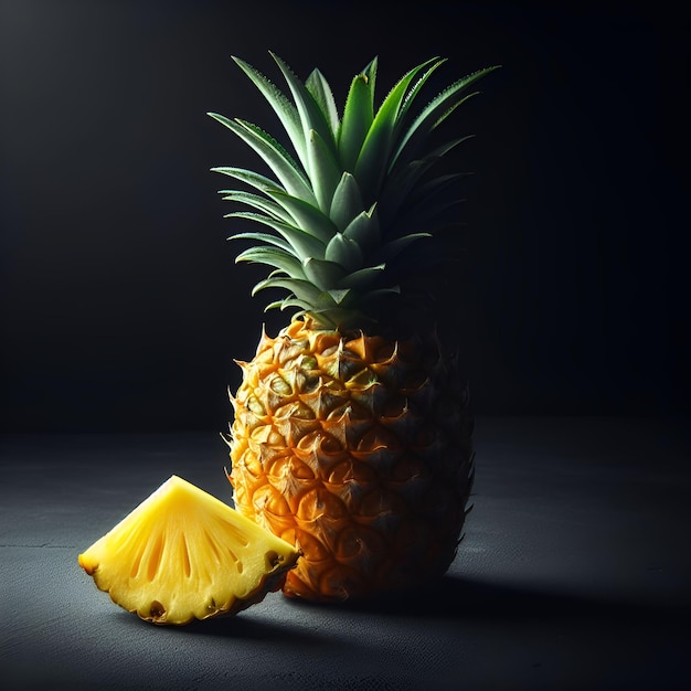 Ananas et moitié sur surface noire avec fond sombre