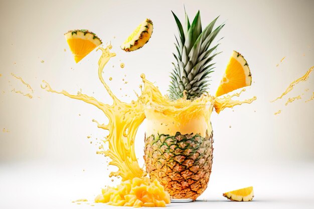 Ananas mûr frais éclaboussant des vagues de jus AI générative