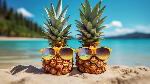 Ananas mûr avec des lunettes sur le sable de la plage