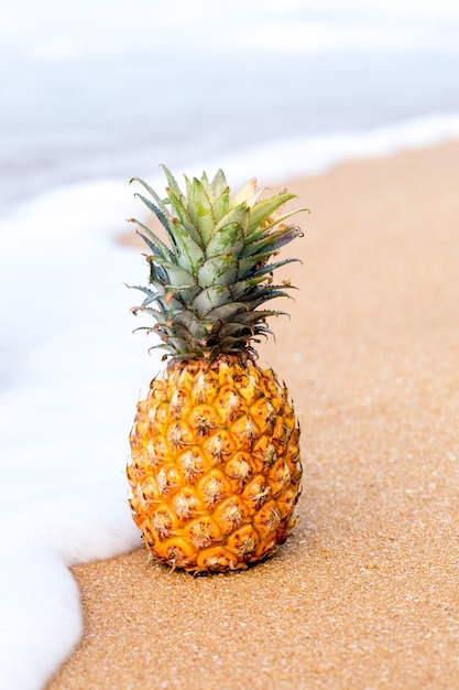 Ananas mûr sur le sable doré près de l'océan