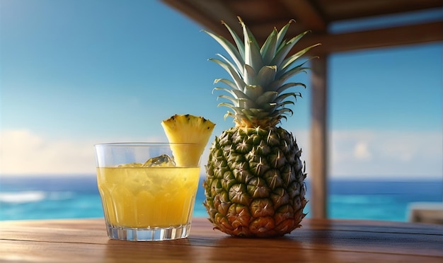 Un ananas mûr et un verre de jus d'ananas au bord de la mer