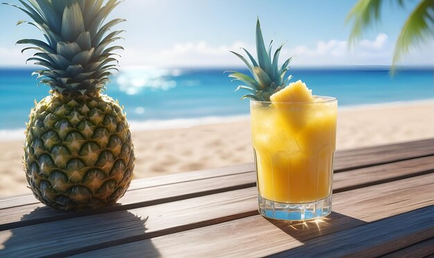 Un ananas mûr et un verre de jus d'ananas au bord de la mer