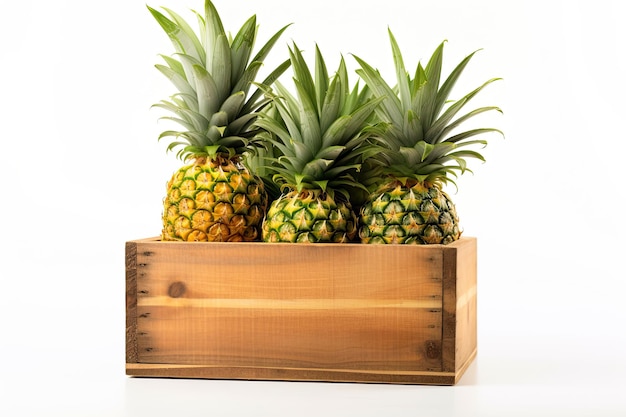 ananas mûrs dans une boîte en bois isolé sur fond blanc