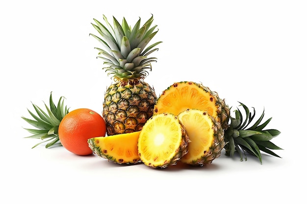 Ananas et orange sur fond blanc Generative AI