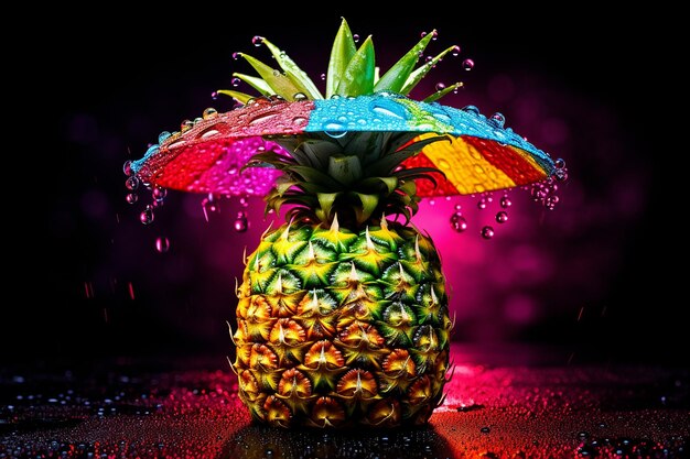 Un ananas avec un parapluie coloré dans une boisson