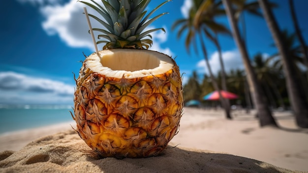 Un ananas sur une plage avec un ciel bleu en arrière-plan