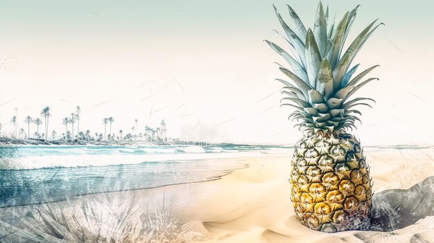 Un ananas sur la plage avec une plage en arrière-plan