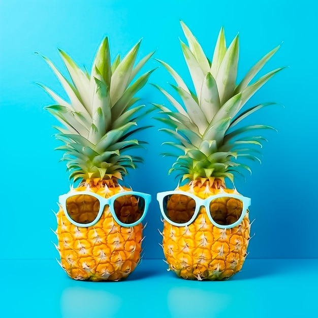 Ananas portant des lunettes sur fond bleu Ai généré