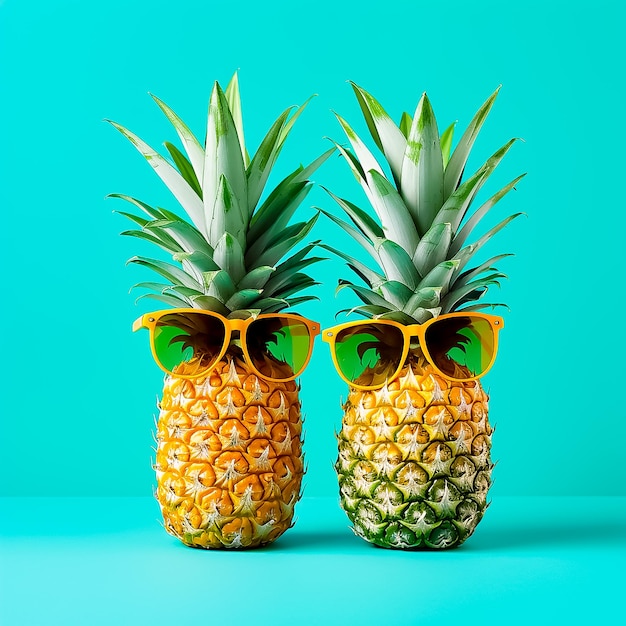 Ananas portant des lunettes sur fond bleu Ai généré