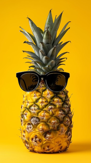 L'ananas portant des lunettes de soleil sur un fond jaune