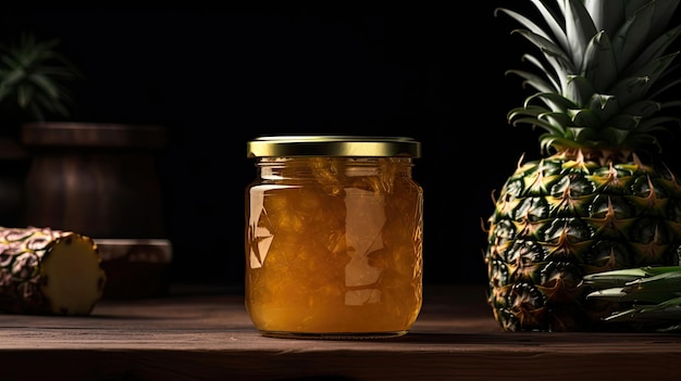 Un ananas et un pot de miel sont posés sur une table.