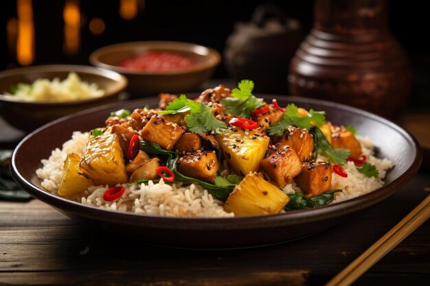 Photo un ananas et un poulet frits servis dans un wok avec du riz photographie d'image d'ananas