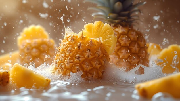 Ananas de près Ananas frais dans le lait éclaboussé une explosion vibrante de rafraîchissement d'agrumes