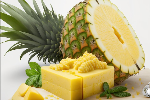 Un ananas avec une salade d'ananas haché Ananas juteux frais en tranches