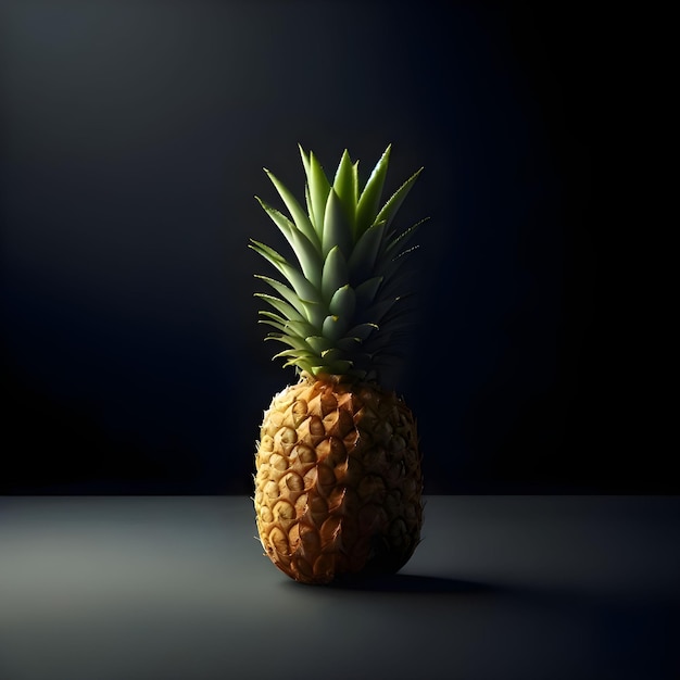 Un ananas sur une surface noire avec un fond sombre