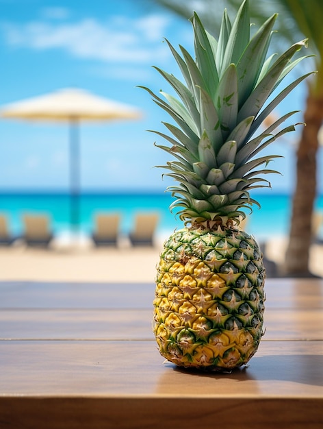 Ananas sur la table en bois avec fond de plage