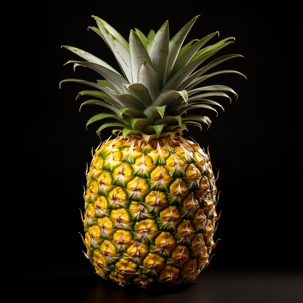 un ananas avec une tige verte et un sommet jaune est assis sur un fond noir