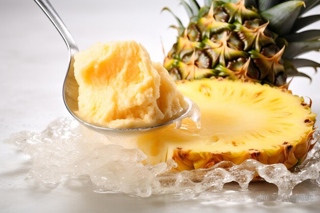 Ananas avec une tranche coupée pour contenir une cuillère de crème glacée