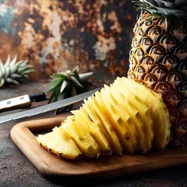 Ananas tranché dans une planche à couper avec une vue latérale de couteau à fruits sur un fond de carreaux de bois et de pierre