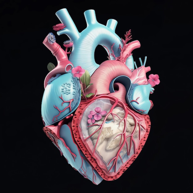 Anatomie cardiaque humaine décorée de fleurs et de feuilles Concept de santé et de maladies cardiaques