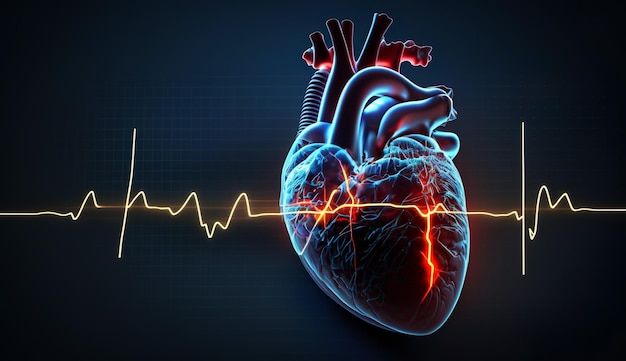 Anatomie Coeur humain avec cardiogramme sur fond d'espace de copie médicale ecg AI générative