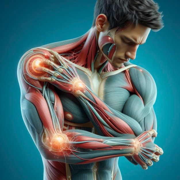 Anatomie d'un corps humain avec douleur au coude isolée sur fond bleu vif ai générative