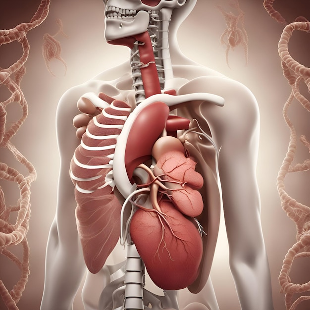 Anatomie du cœur humain dans le concept médical Illustration 3D du corps humain et du système digestif