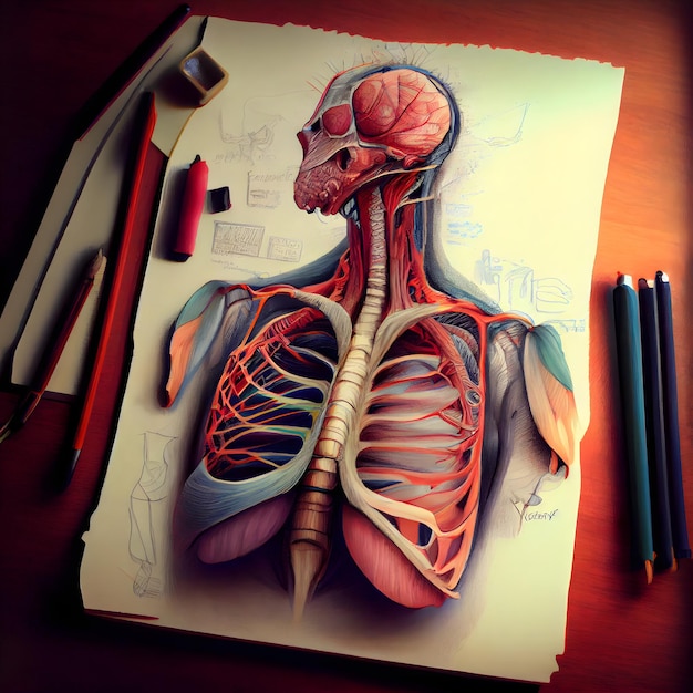 Photo anatomie du corps humain sur la table avec des crayons