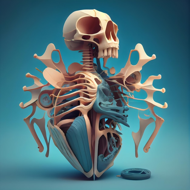 Anatomie du squelette humain sur fond bleu rendu 3d concept médical