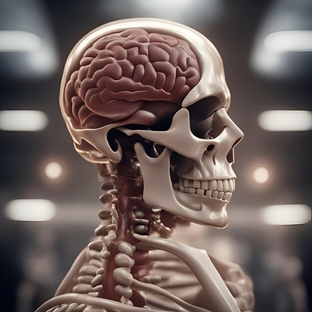 Photo anatomie du squelette humain avec une illustration 3d du cerveau