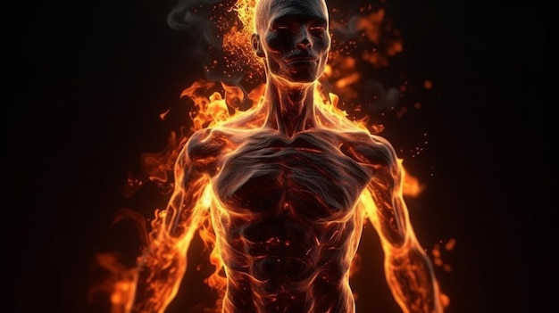 Anatomie humaine en flammes de feu sur fond noir ai générative