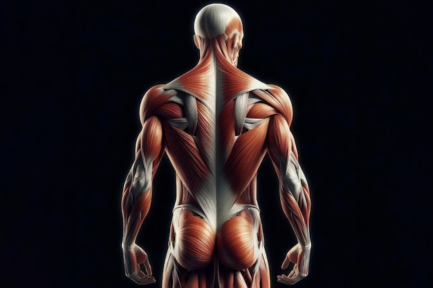 Anatomie humaine montrant le dos du corps avec le système musculaire visible isolé sur un fond noir solide ai génératif