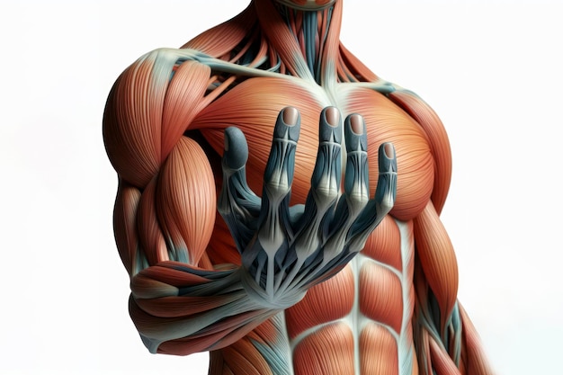 Anatomie humaine montrant la main avec le système musculaire visible isolé sur un fond blanc solide ai génératif
