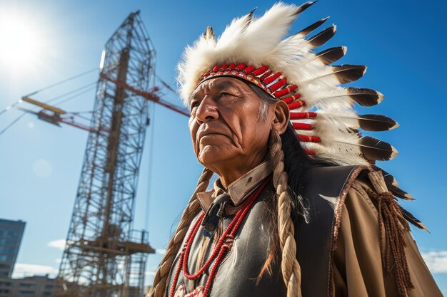 Un ancien amérindien contemplatif en ville avec une grue de construction