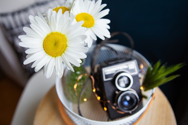 Ancien appareil photo rustique vintage avec un bouquet de fleurs de marguerite sur une planche de bois.