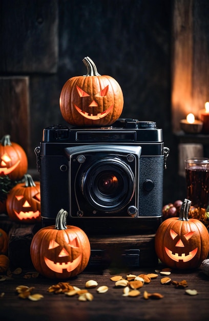 Ancien appareil photo vintage entouré de citrouilles décoratives Thème Halloween IA générative