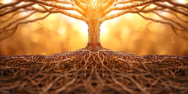 Ancien arbre avec racines visibles la force cachie de la génération IA Concept Nature morte Intelligence artificielle Histoire ancienne Symbole de force Génération future