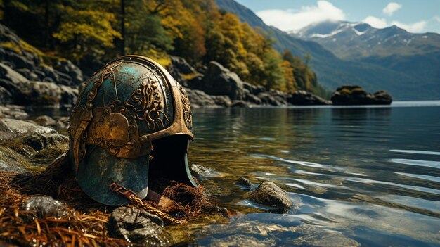 Photo ancien casque au milieu de la rivière