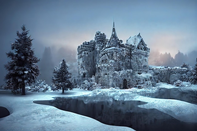 Ancien château d'hiver en pierre Paysage enneigé fantastique avec un château Château d'hiver sur la forêt d'hiver de montagne Peinture d'illustration de style d'art numérique