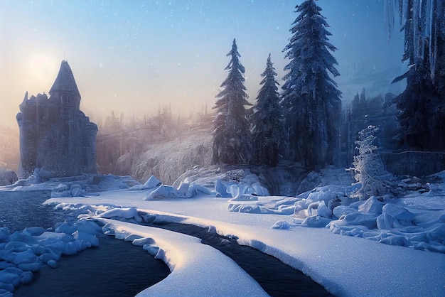 Ancien château d'hiver en pierre Paysage enneigé fantastique avec un château Château d'hiver sur la forêt d'hiver de montagne