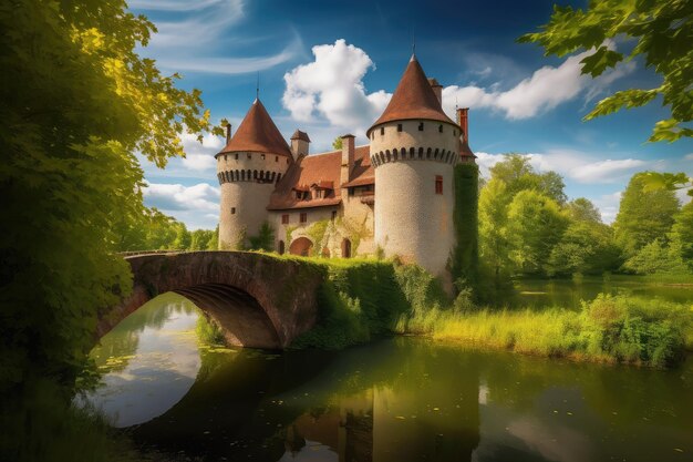 Ancien château, lac serein, jardins luxuriants et ponts pittoresques IA générative