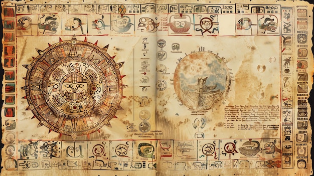 Un ancien codex aztèque usé avec des symboles et des dessins en glyphes