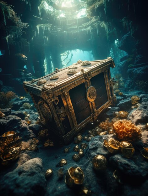 Un ancien coffre d'or dans le monde sous-marin