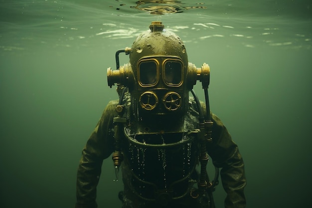 Ancien Combinaison Plongée Casque Intégral Exploration Sous Marine Ia Générative