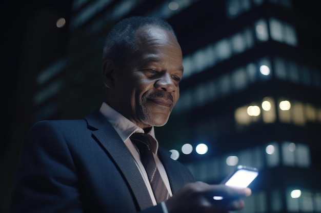 Un ancien dirigeant d'affaires afro-américain utilisant un téléphone portable avec un arrière-plan d'immeubles de bureaux modernes la nuit et souriant heureux Generative AI AIG18