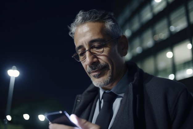 Un ancien dirigeant d'affaires mexicain hispanique utilisant un téléphone portable avec un fond d'immeubles de bureaux modernes la nuit AI générative AIG18